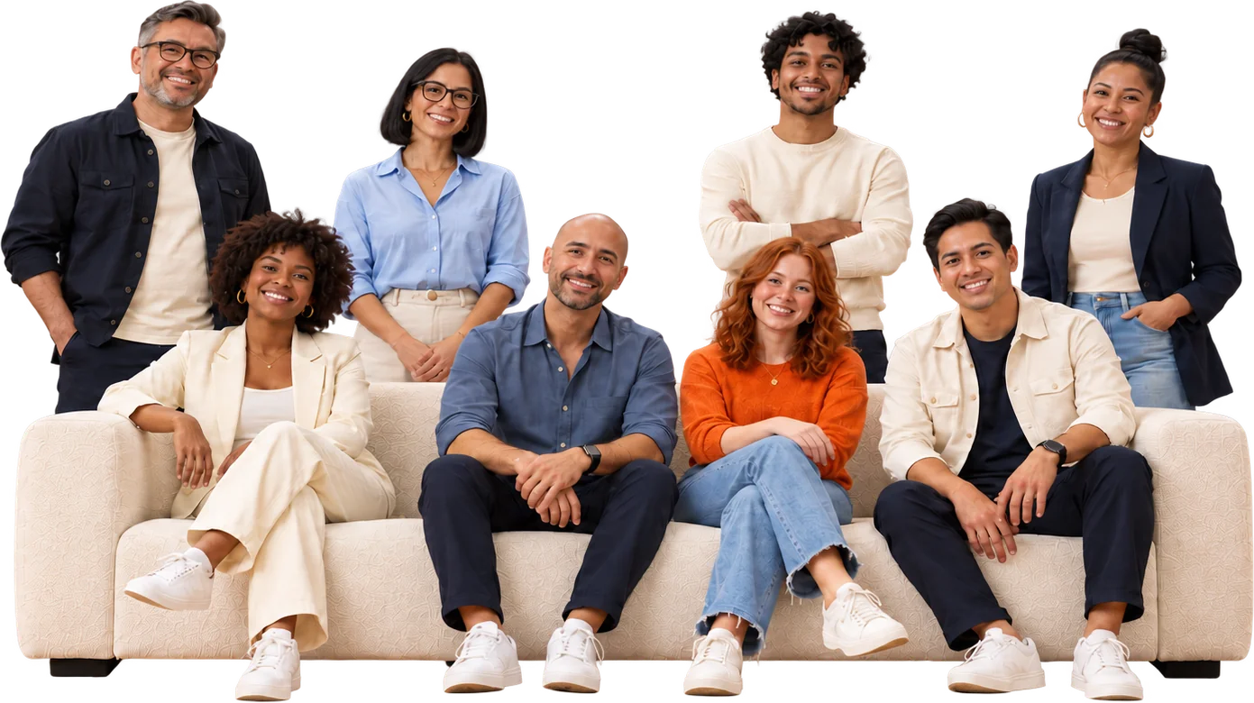Personas sonriendo en un sillón, imagen de campaña de We Find Up